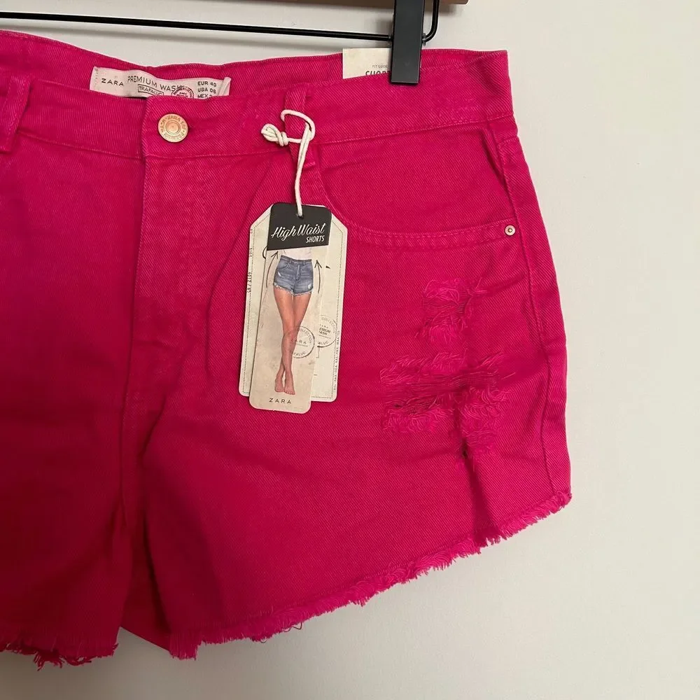 Zara High Waist Distressed Shorts Hot Pink